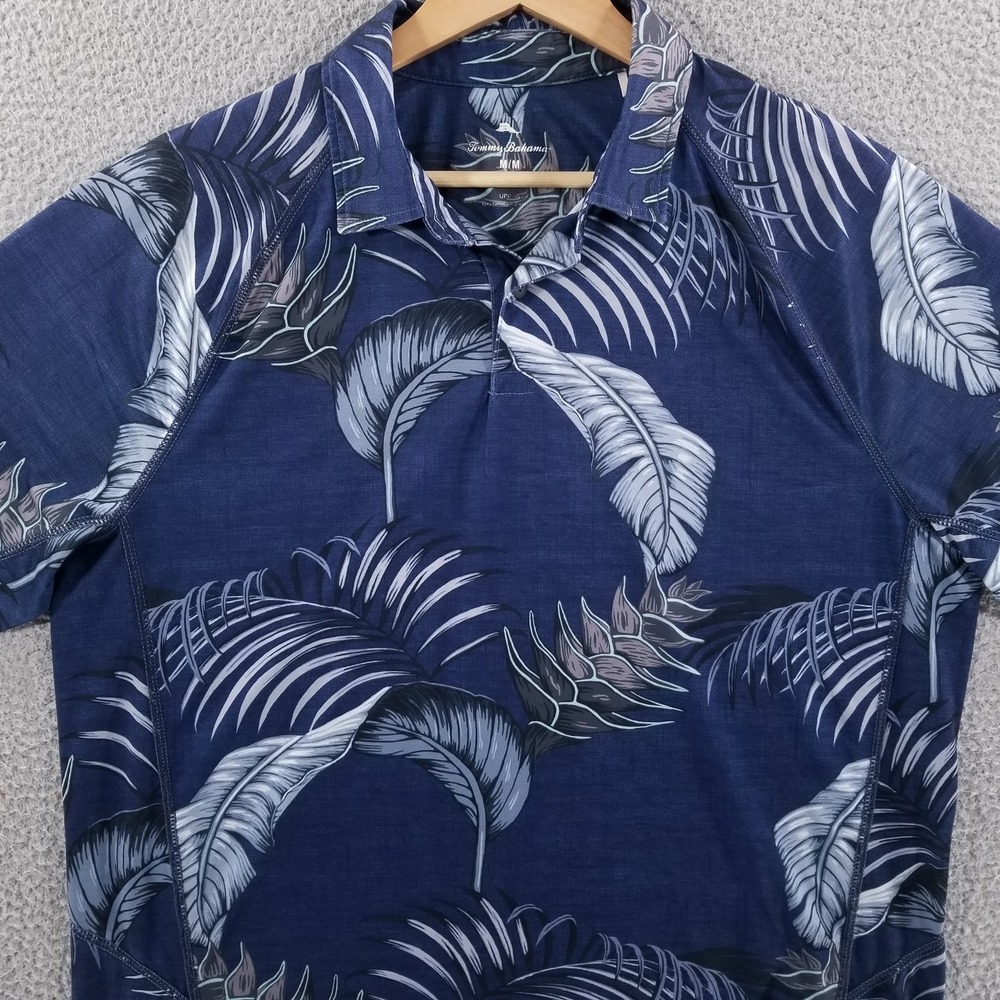 Tommy Bahama Polo Shirt Mens Medium Blue Performance Hawaiian Tropical Stretch